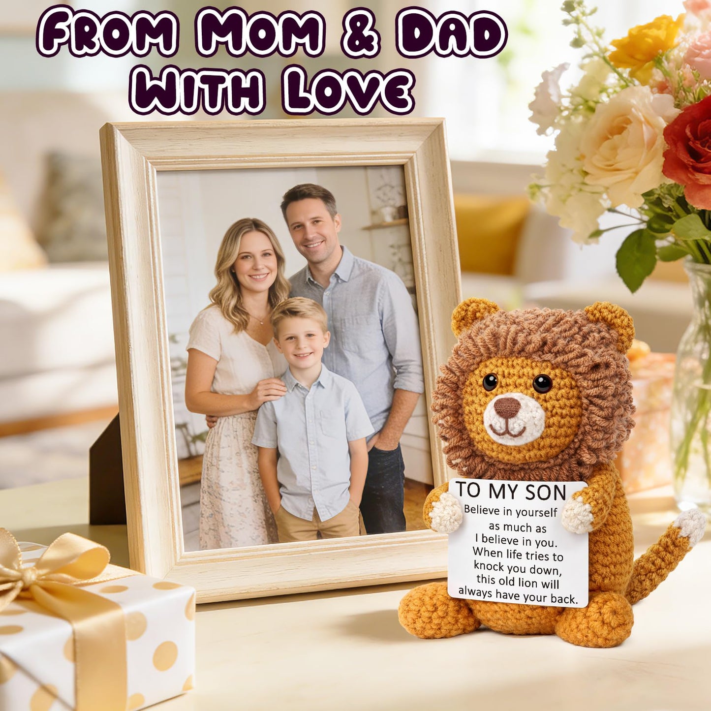 Son Gifts from Mom, Graduation Birthday Crochet for Teen Boy College Military Adult, Lion Encouragement Present to My Son from Mother Dad Father, Inspirational Keepsake Gift Desk Decorations