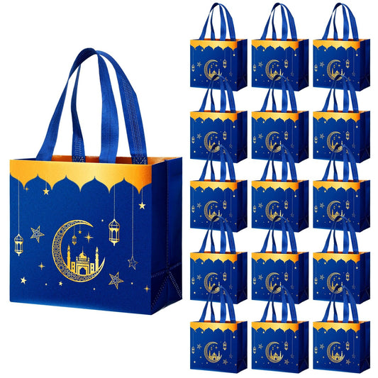 Resurhang 16 Pcs Eid Al Adha Party Reusable Gift Bags with Handles, Muslim Treat Non Woven Ramadan Goodie Bags for Eid Al Adha Muslim Party Supplies(Blue)