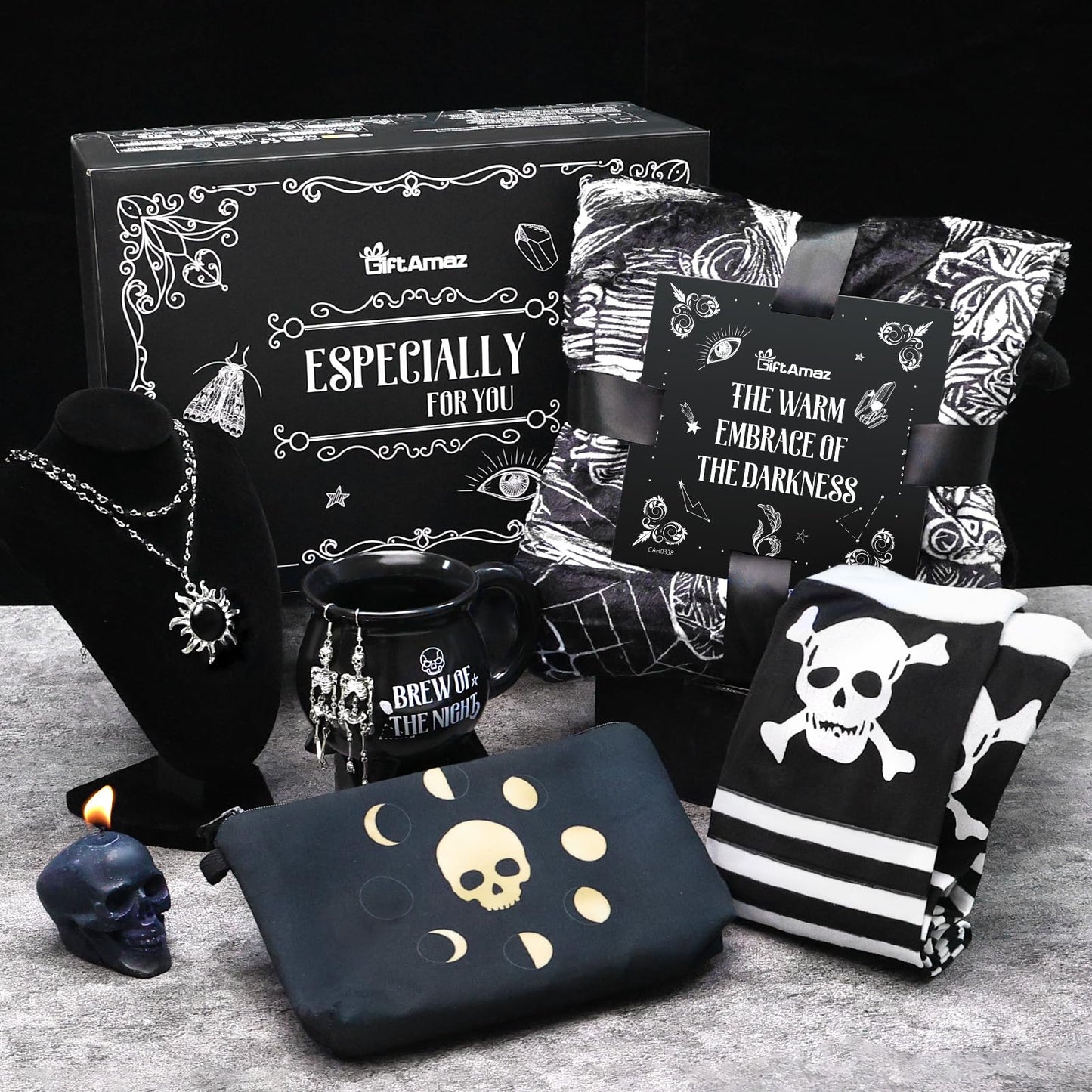 GiftAmaz Gothic Gifts for Women, Witchy Gifts, Goth Horror Themed Gift, Spooky Gifts Basket with Gothic Coffee Mug, Spooky Blanket, Ghost Skull Graduation Gifts Basket for Her Women Teens Girl Friend