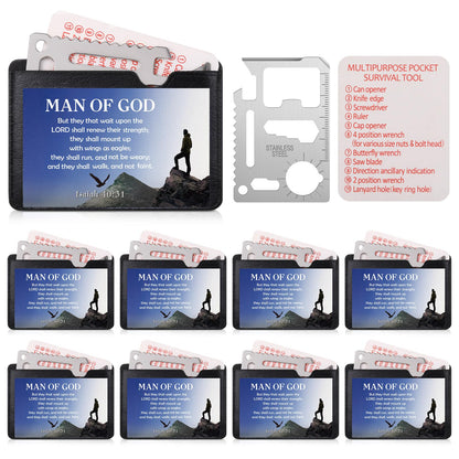 10 Sets Father's Day Christian Gifts for Men Bulk Man of God Wallet Multi Tool 11 in 1 Multitool Credit Card Bulk Survival Wallet Tool Bible Verse Pocket for Church Prizes Party Favor