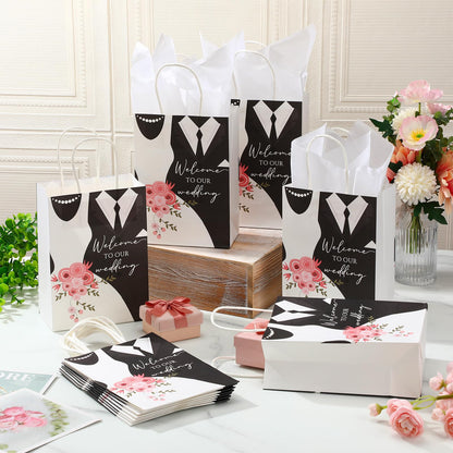 Sinload 50 Sets Wedding Welcome Bags with 50 Sheets Tissue Paper Mr. and Mrs. Welcome to Our Wedding Favor Bags Paper Bags with Handles Wedding Party Gift Bags Welcome Wedding Bags for Hotel Guests