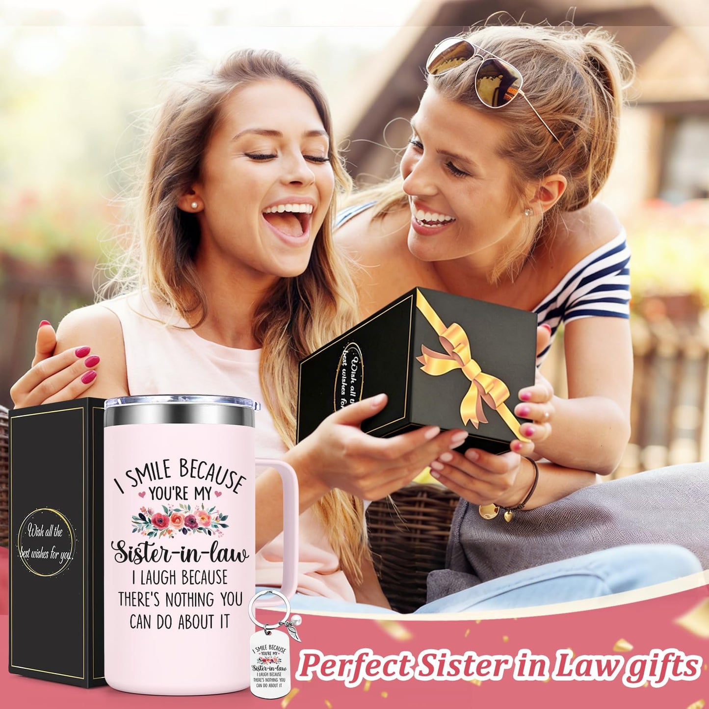 Lifecapido Sister in Law Gifts, I Smile Because You’re My Sister in Law 20oz Insulated Coffee Mug with Keychain, Birthday Christmas Mothers Day Gifts, Rose Quartz