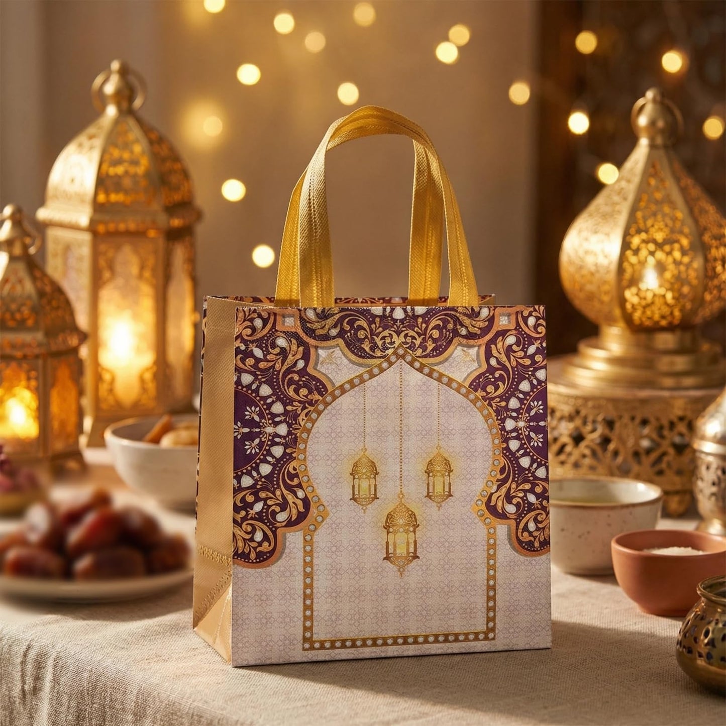 YVAINE 12pcs Ramadan Mubarak Gift Bags with Handles - Reusable Non-Woven Treat Bags 11.4 x 10.6 x 4.7 Inches, 4 Assorted Islamic Designs with Stars, Moon, Mosque & Lanterns for Eid Mubarak Sweets, Party Supplies, Holiday Gifting