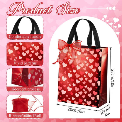 Henoyso 12 Pcs Valentines Day Gift Bags, Reusable Heart Gift Bags with Handle Ribbon, Iridescent Non-woven Holographic Medium Sparkly Tote Bulk for Valentines Party Favor Goodie Wrapping, 10 x 8 x 4''