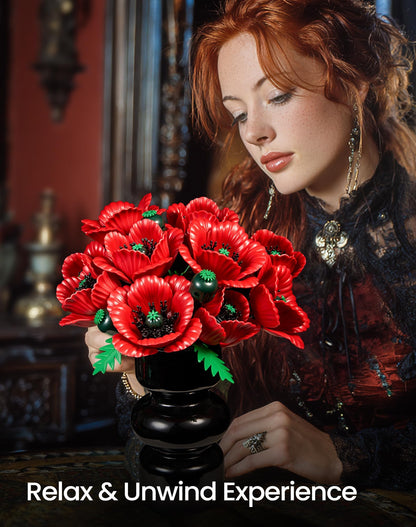 iATOM Red Poppy Flower Bouquet Building Set, 12Pcs Artificial Botanical Collection for Adults - Gift for Mother's Day for Her/Mom/Girlfriend/Wife/Couple, Home Table Centerpiece Decor Aesthetic