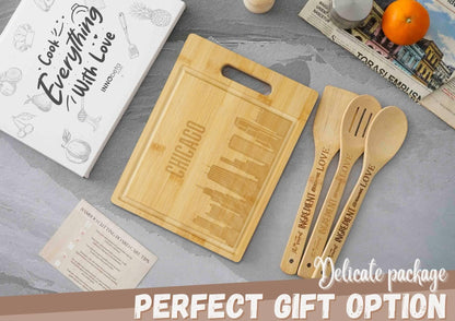 Chicago City Skyline Gifts Bamboo Cutting Board with Wooden Spoon Chicago Lovers, Skyline Map Kitchen Gift for Christmas, Mother's Day - 11.4 x 8.6