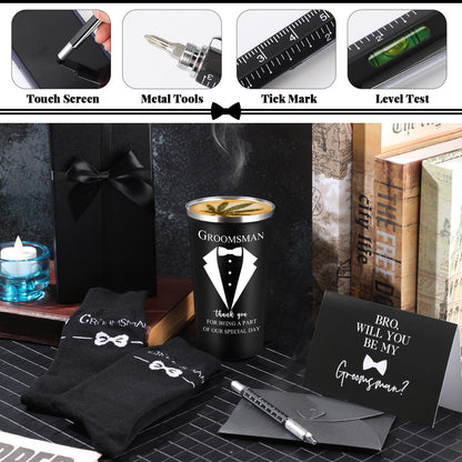 Nuanchu 6 Pcs Groomsmen Officiant Gifts Wedding Proposal Gift for Best Man Groomsman 17 Oz Coffee Cup Tumbler Socks Multi Tool Ballpoint Pen with Greeting Card Envelope(Black)
