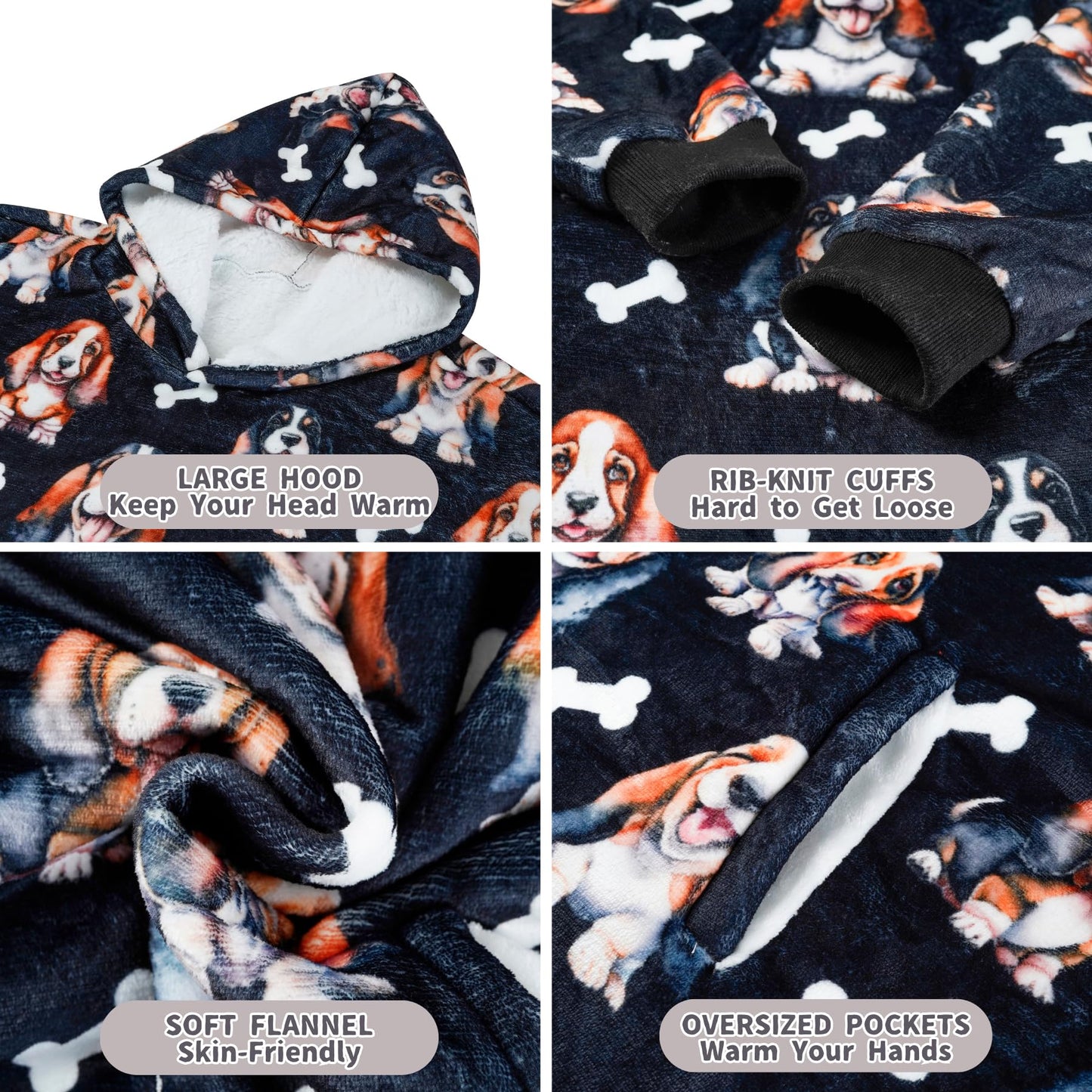 Huglanket Basset Hound Gifts for Women, Wearable Flannel Blanket Hoodies, Super Soft Warm Cozy with Big Pockets - One Size Fits Most