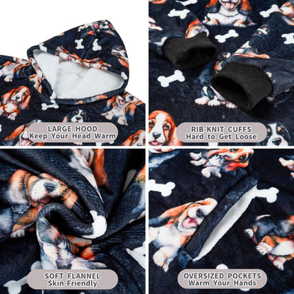 Huglanket Basset Hound Gifts for Women, Wearable Flannel Blanket Hoodies, Super Soft Warm Cozy with Big Pockets - One Size Fits Most