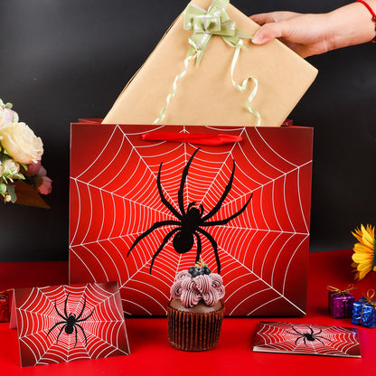 Abilat Large Spider Gift Bag with Tissue Paper and Greeting Card Red Spider Web Birthday Party Favor Wrapping Bag for Boys Men Valentine Halloween Party Decorations