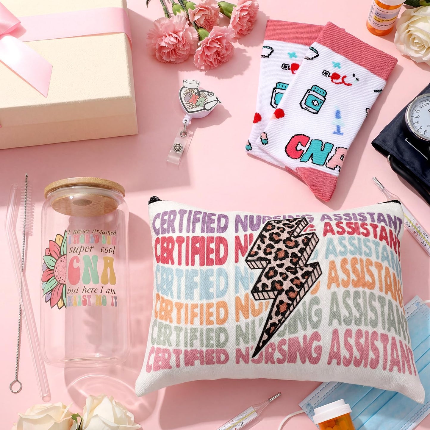 Skylety 5 Pcs CNA Gifts for Women Certified Nursing Assistant Gift 16 oz Glass Cup Socks Cosmetic Bag Badge Reel CNA Week Appreciation Gifts Box for Nursing Student Graduation Retirement Birthday