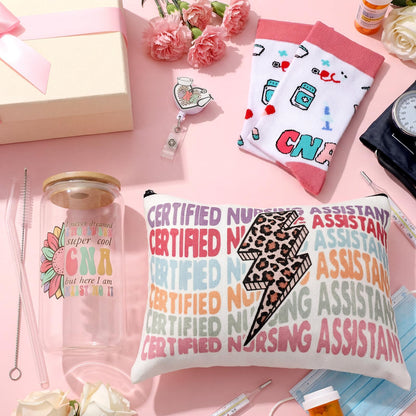 Skylety 5 Pcs CNA Gifts for Women Certified Nursing Assistant Gift 16 oz Glass Cup Socks Cosmetic Bag Badge Reel CNA Week Appreciation Gifts Box for Nursing Student Graduation Retirement Birthday