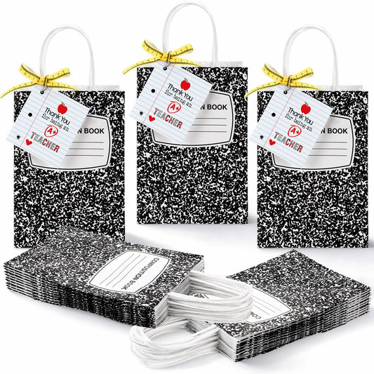 Gilprop 12 Pcs Teacher Appreciation Gift Bags with Paper Tag Thank You Teacher Gift Bags with Handle End of Year Gifts with Tape Measure Ribbon for Graduation Party Favor (Composition Book,Main black)