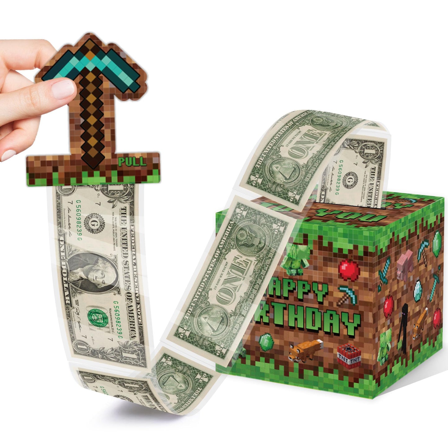 Surprise Money Box Gift Pull for Game Lover- Pixel Game Happy Birthday Money Box for Cash Gift Set Included Happy Birthday Card and 35 Pcs Transparent Bags, Fun Birthday Gift for Women Men