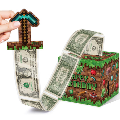 Surprise Money Box Gift Pull for Game Lover- Pixel Game Happy Birthday Money Box for Cash Gift Set Included Happy Birthday Card and 35 Pcs Transparent Bags, Fun Birthday Gift for Women Men