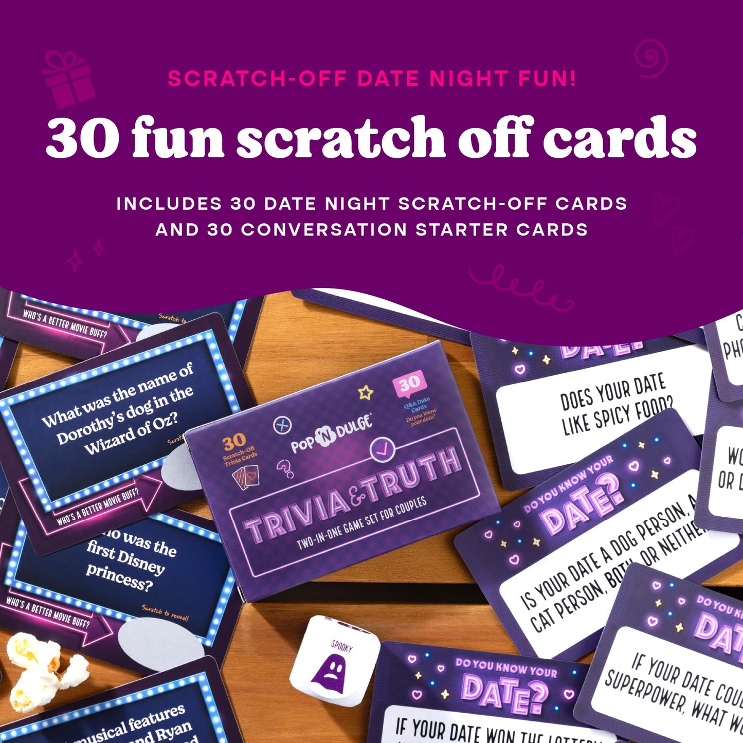 Couples Gift Set, Date Night Scratch Off Cards, Popcorn Gift Set & Movie Night Trivia Dice Game, Anniversary, Couples Gifts for Him and Her, 30 Cards, Gourmet Popcorn Kernels And Popcorn Seasoning Kit