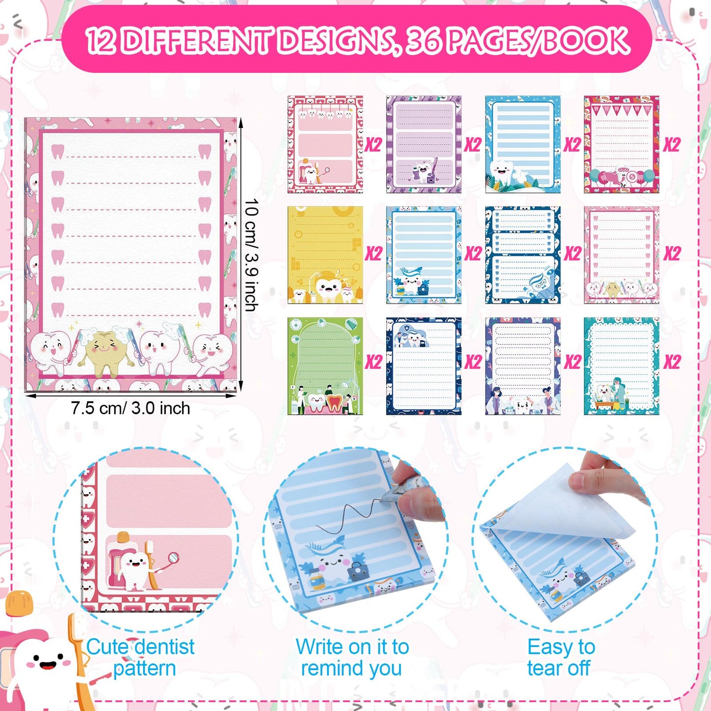 Eaasty 48 Pcs Dental Hygienists Gifts Bulk Tooth Notepads and Ballpoint Pens with Ribbon Dental Assistant Appreciation Gifts for Dentist, Nurse, Doctor, Staff, Coworker
