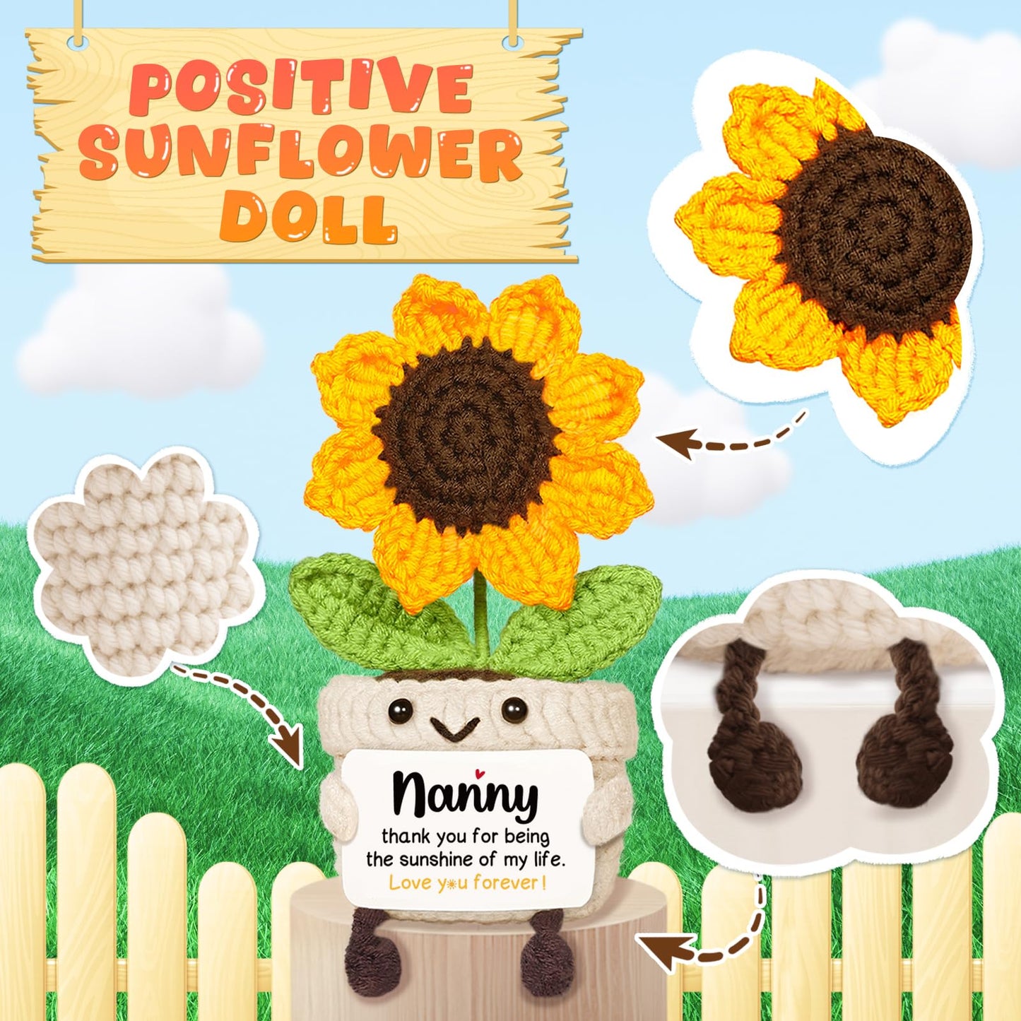 AceThrills Nanny Gifts, Nanny Birthday Gifts - Handmade Crochet Funny Cute Sunflower, Gifts for Nanny from Grandchildren, Present for Nanny on Birthday Christmas Mother's Day