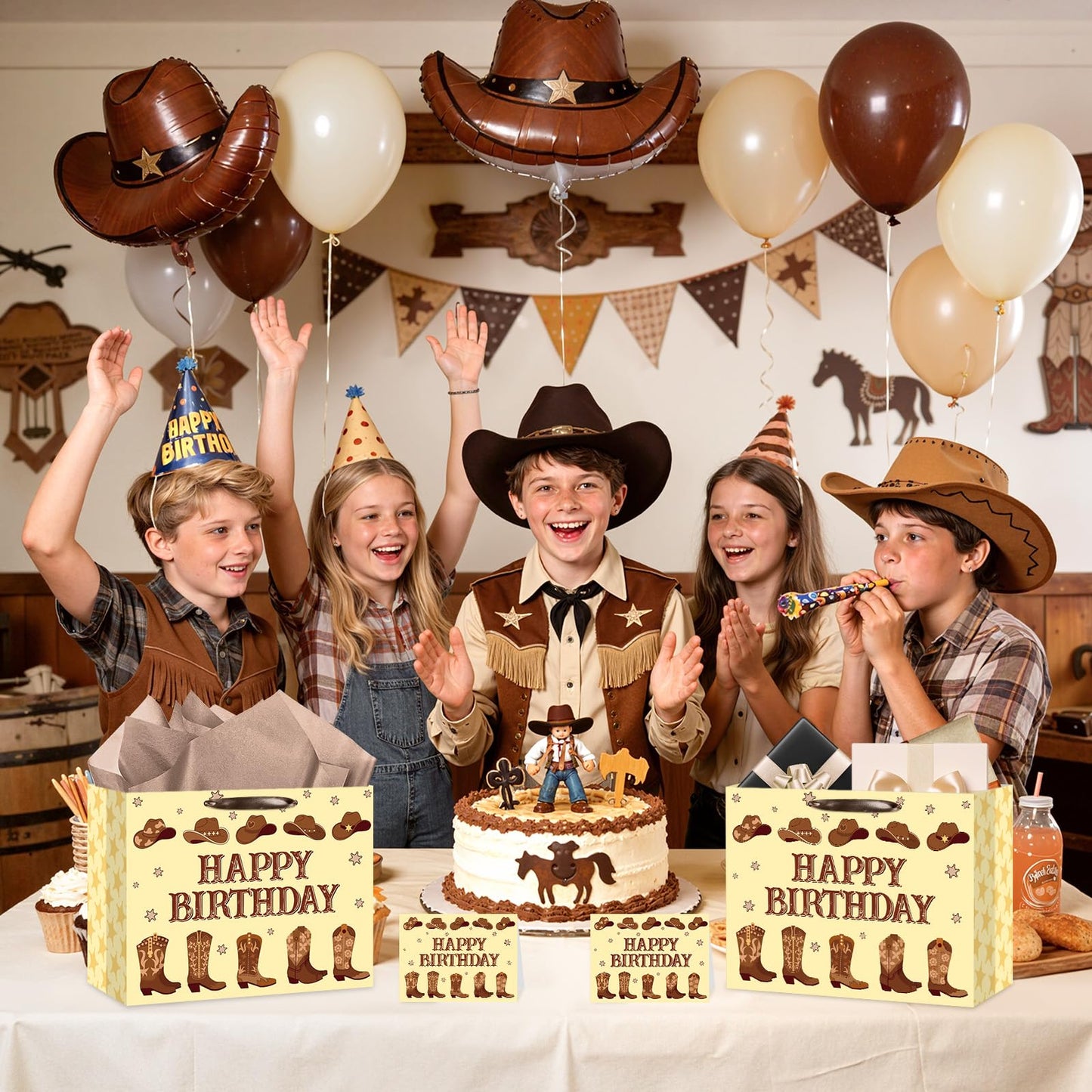 Cowboy Birthday Gift Bag Western Rodeo Baby Shower Gifts Bag with Tissue Paper Card Brown Cowboy Boots Wrapping Paper Bag for Boy Men Adult Birthday First Rodeo Western Theme Party Favor Decoration