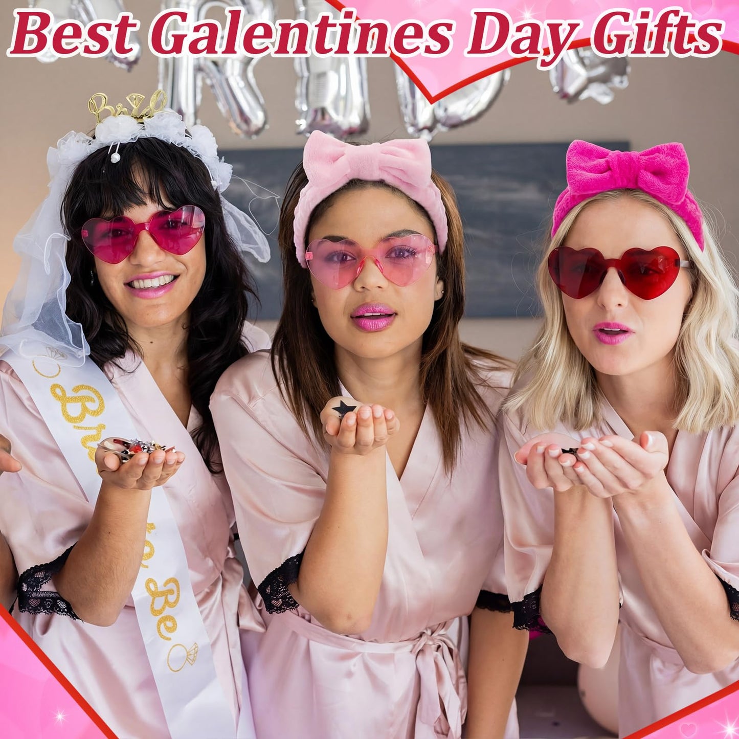 12 Sets Galentines Gifts Bulk for Girl Women Valentines Day Gifts Pink Heart Rimless Sunglasses Spa Bow Headband for Washing Fluffy Soft Socks Spa Sleepover Party Favor