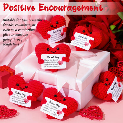 HyDren 12 Pcs Crochet Pocket Hug Heart Gifts with Inspirational Cards Handmade Heart Plush Bulk for Teacher Appreciation Graduation Friendship Encouragement Support Gifts