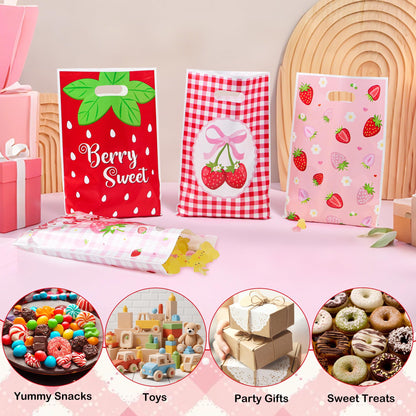 40Pcs Strawberry Goodie Bags,9.8x6.6Inch Red Plastic Strawberry Candy Party Favor Bags with Handles,Pink Bow Berry Sweet Gift Bags for Birthday,Baby Shower,Summer Themed Party Wedding Decor Supplies(40)