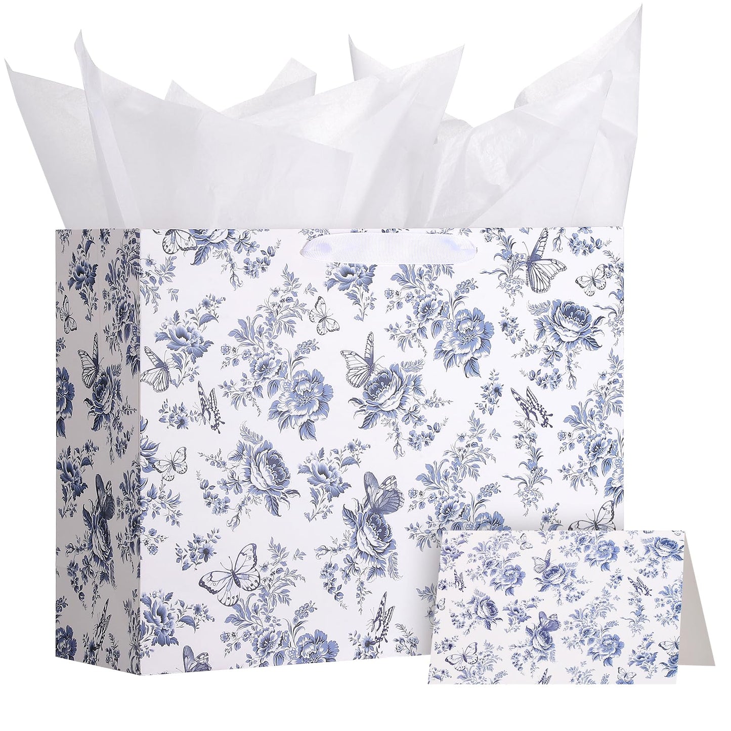woric 14.5" Large Bridal Shower Gift Bag, Blue Floral Wedding Gift Bag with Greeting Card and Tissue Paper for Women Wedding Engagement Gifts