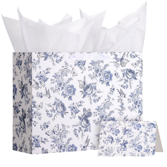 woric 14.5" Large Bridal Shower Gift Bag, Blue Floral Wedding Gift Bag with Greeting Card and Tissue Paper for Women Wedding Engagement Gifts