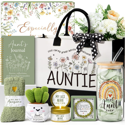 MAYICIVO Aunt Gifts from Niece Nephew, Mothers Day Aunt Birthday Gifts for Auntie, Best Auntie Christmas Birthday Gift Mothers Day Gift Baskets for Aunts Women with Canvas Tote Bag 16Oz Glass Cup