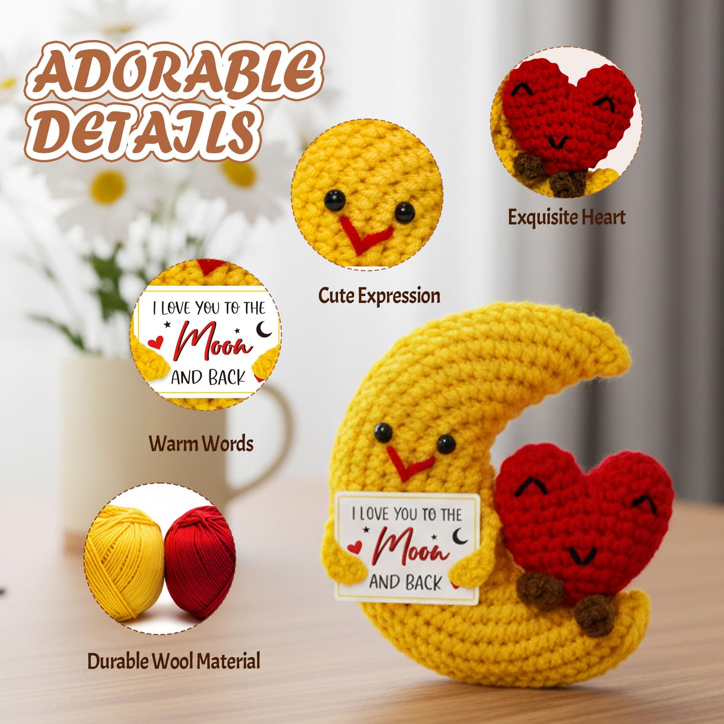 Crochet Moon Heart Mother's Gift – Handmade Crochet Pocket Hug Heart I Love You Mum Gift for Women Couples Best Friend Her Him Boyfriend Anniversary Wedding Mother's Day Decoration