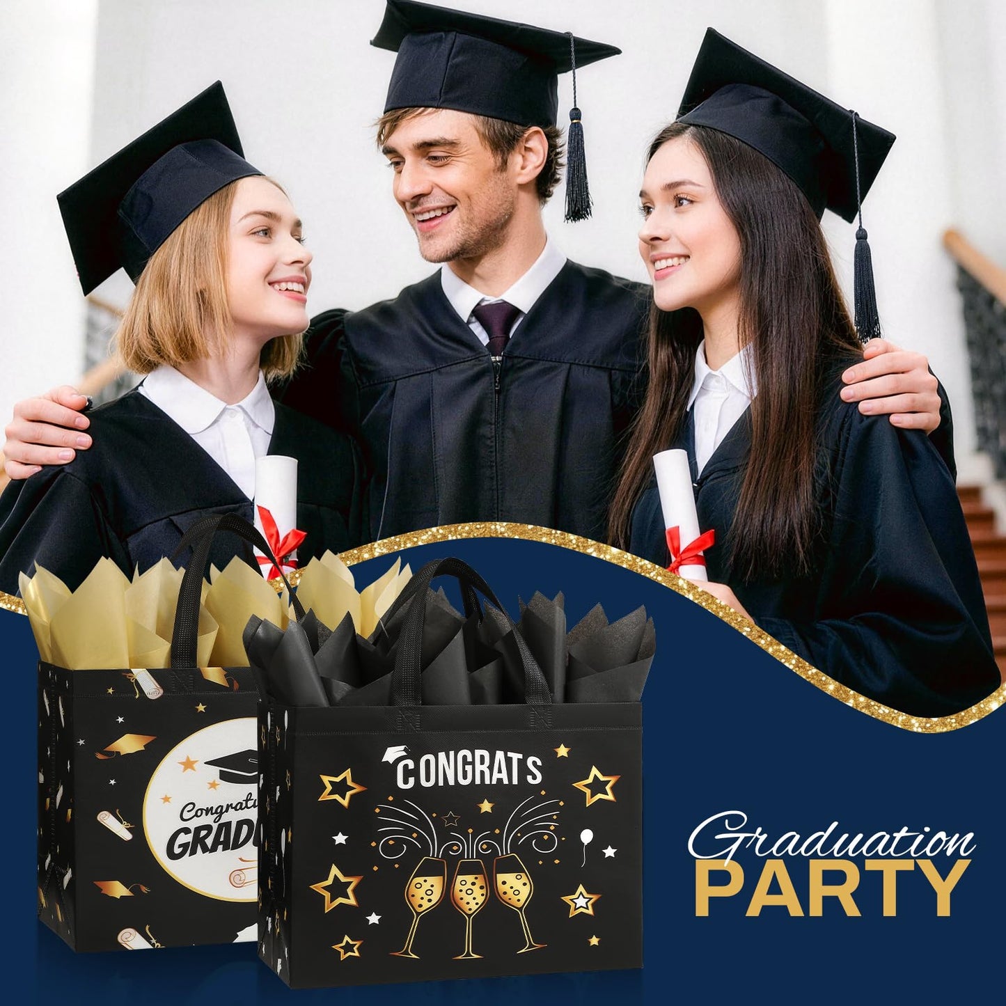 STYPOP 2 Pack 13" Large Graduation Gift Bags with Tissue Paper, Reusable Non-Woven Grad Bags with Handles, Best Graduation Gifts Class of 2026 College/High School / 8th Grade, 12.8"*10.2"*6.3"