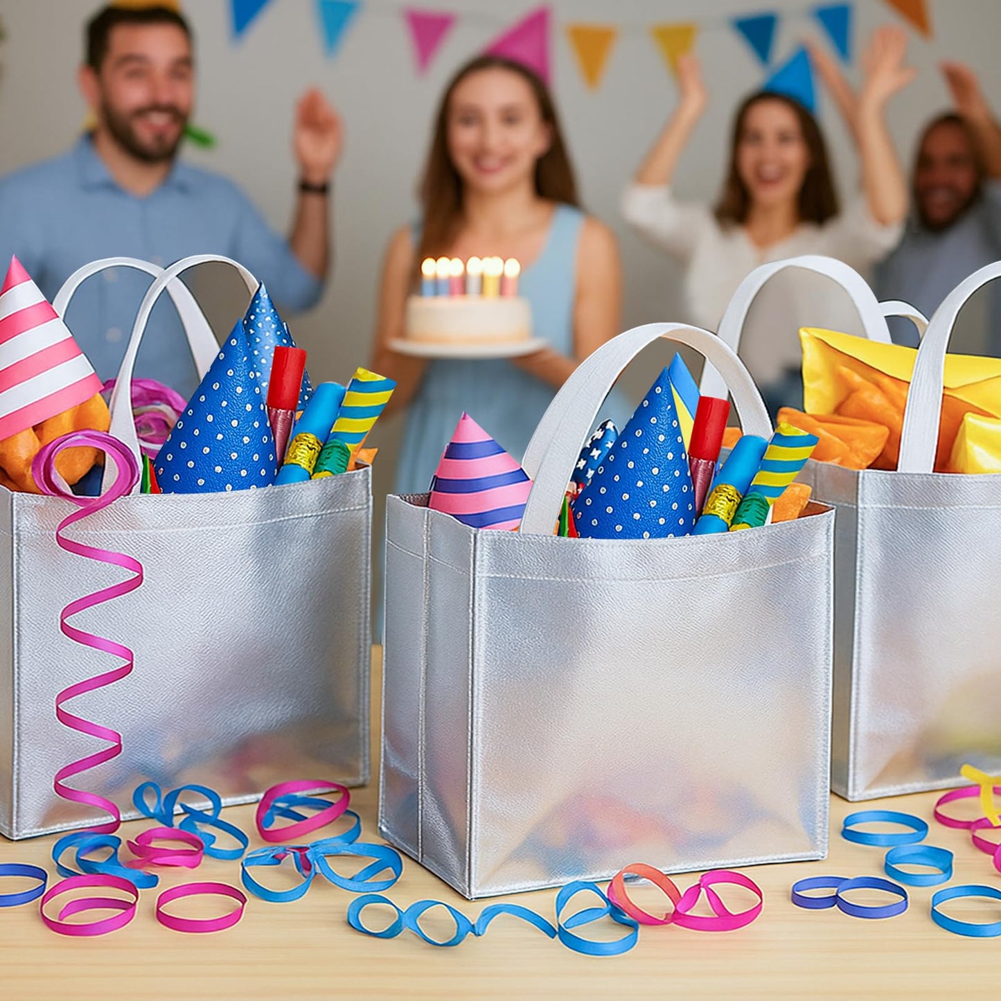 VGOODALL 15 Pack Large Gift Bags with Handles, 12.6" x 5" x 11" Silver Reusable Gift Bags Bulk for Birthday Wedding Party Favor