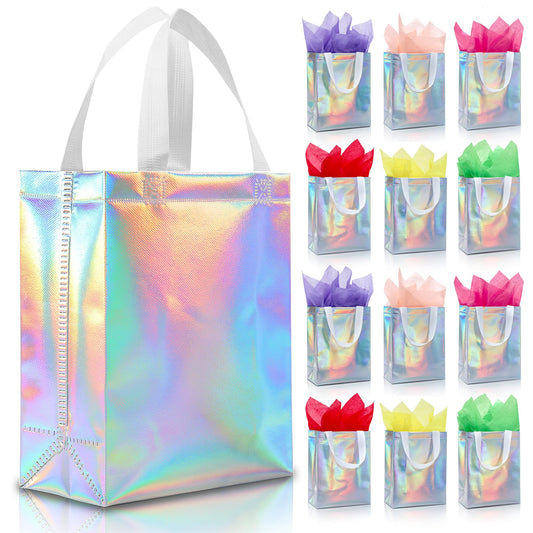 KeerxunBag 12pcs Reusable Gift Bags（Includes Tissue Paper） Gift bag with handle Birthdays Parties Holidays Weddings Medium 10x4x8in colorful