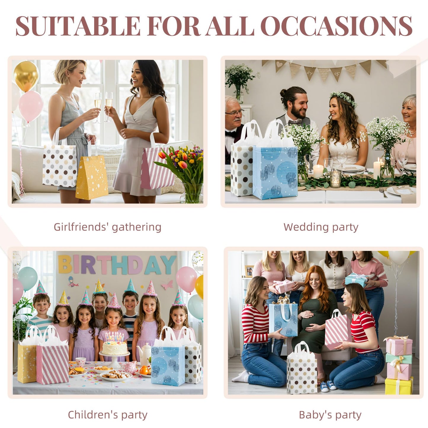 STYPOP 10" Gift Bags Medium Size (4 Pack) - Includes Tissue Paper & Cards, Reusable Non-Woven Gift Bags with handles, Perfect for Mothers Day, Birthday, Wedding, Baby Shower, Party, 10" x 8" x 4"
