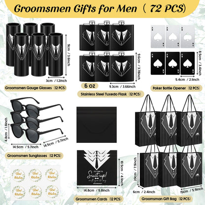 Bokon 72 Pcs Groomsmen Gifts for Men Stainless Steel Tuxedo Flask Groomsmen Gauge Glasses Poker Bottle Opener Groomsman Gift Bag Sunglasses with Cards for Wedding Bachelor Party Favors