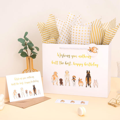 Crisky 13" Funny Dog Happy Birthday Gift Bag with Tissue Paper and Card for Women, Men, Girls, Boys, Kids, Friends, Wishing You Nothing but the Best Bags with Handles for Party