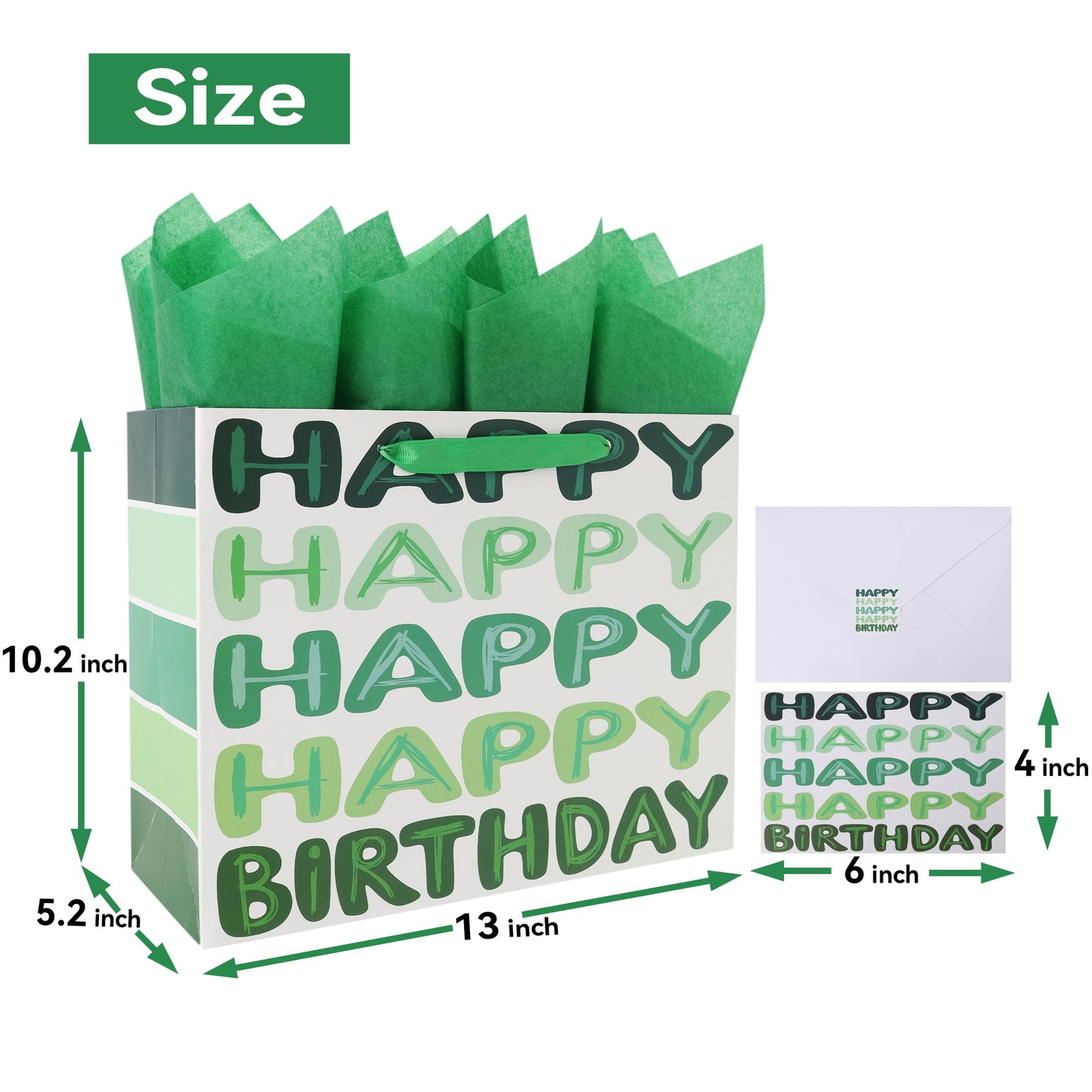 Qirrmiy 13'' Large Green Happy Birthday Gift Bag Set with Handles, Greeting Card, Tissue Papers and Stickers for Women Girls Men Boys Kids Teens, Words Design, 1 Pcs