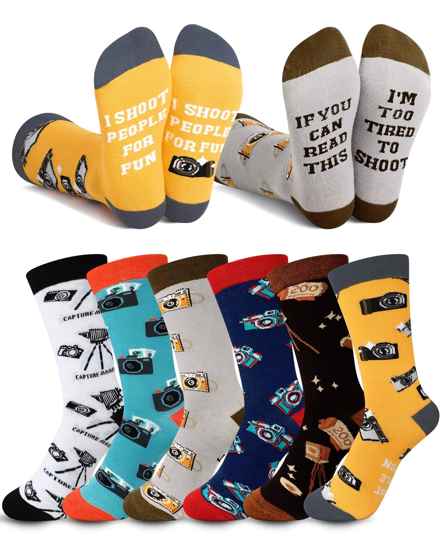 Glitopper 6 Pairs Photographer Gifts for Men Funny Camera Photography Crew Socks Novelty Birthday Holiday Gift for Photograph Lovers