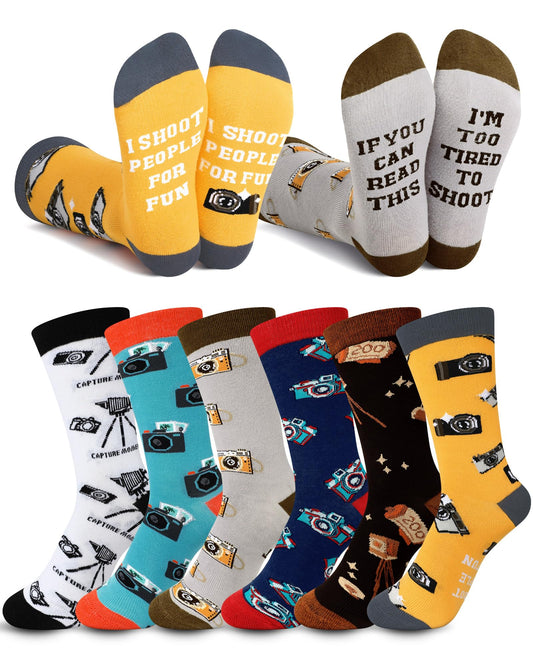 Glitopper 6 Pairs Photographer Gifts for Men Funny Camera Photography Crew Socks Novelty Birthday Holiday Gift for Photograph Lovers