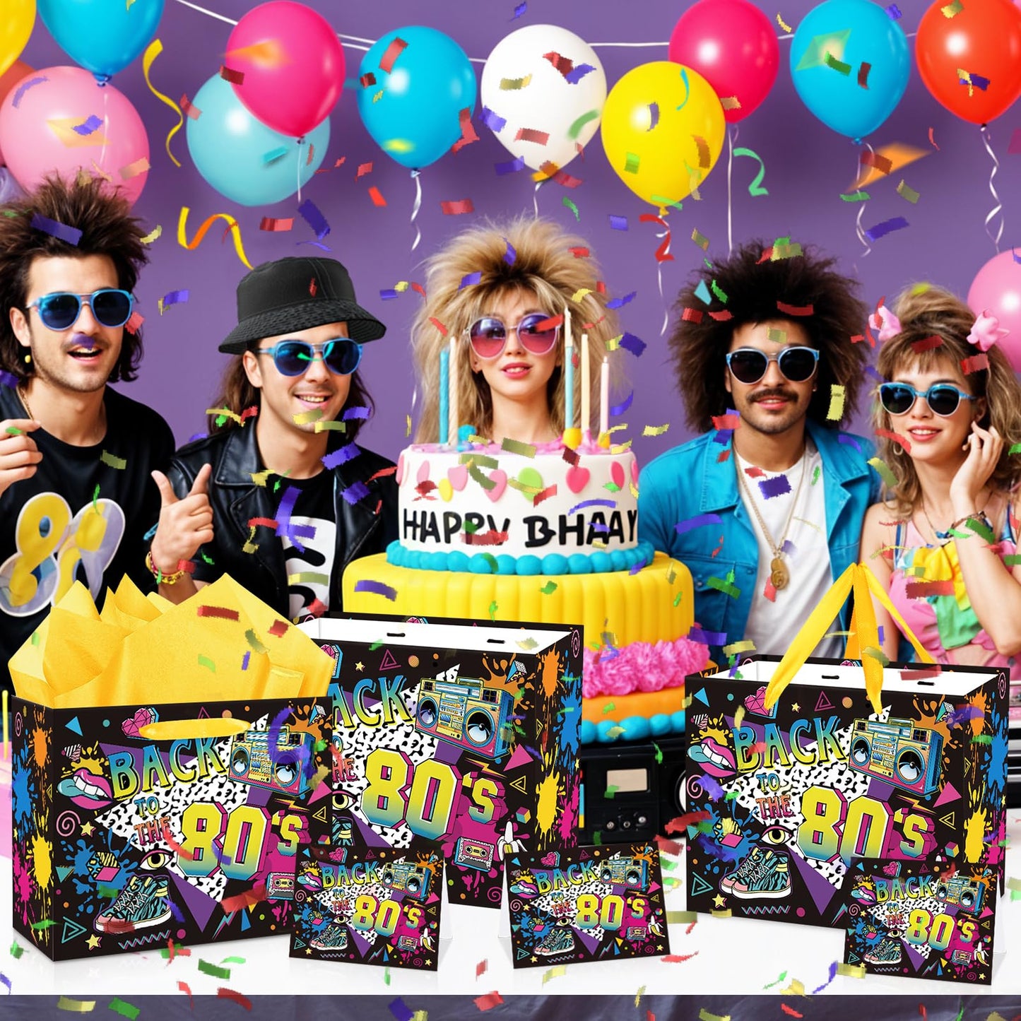 80s Birthday Gift Bag for Men Women, Retro 1980s Themed Party Favor Bags with Tissue Paper Greeting Card Back to The 80s Wrapping Paper Bag for Neon Hip Hop Rock Hippie Christmas Party Favor Supplies