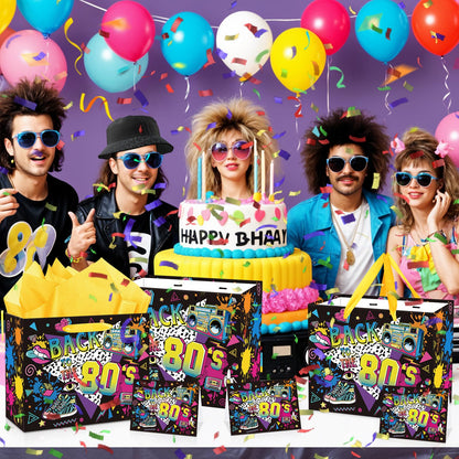 80s Birthday Gift Bag for Men Women, Retro 1980s Themed Party Favor Bags with Tissue Paper Greeting Card Back to The 80s Wrapping Paper Bag for Neon Hip Hop Rock Hippie Christmas Party Favor Supplies