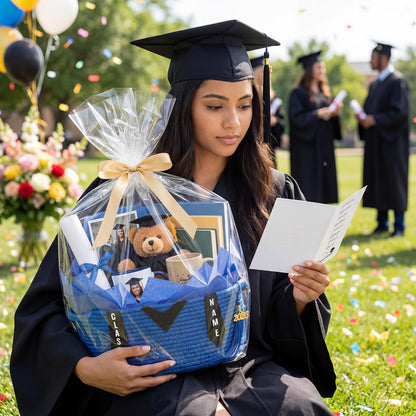 Colingmill Class of 2026 Senior Graduation Gift Basket Empty, 14x10x5.5 Inch Woven Rope Basket with Grad Design Bag & Ribbon Letter Stickers Tassel & Card Decorative DIY Congrats Gift(Black and Blue)