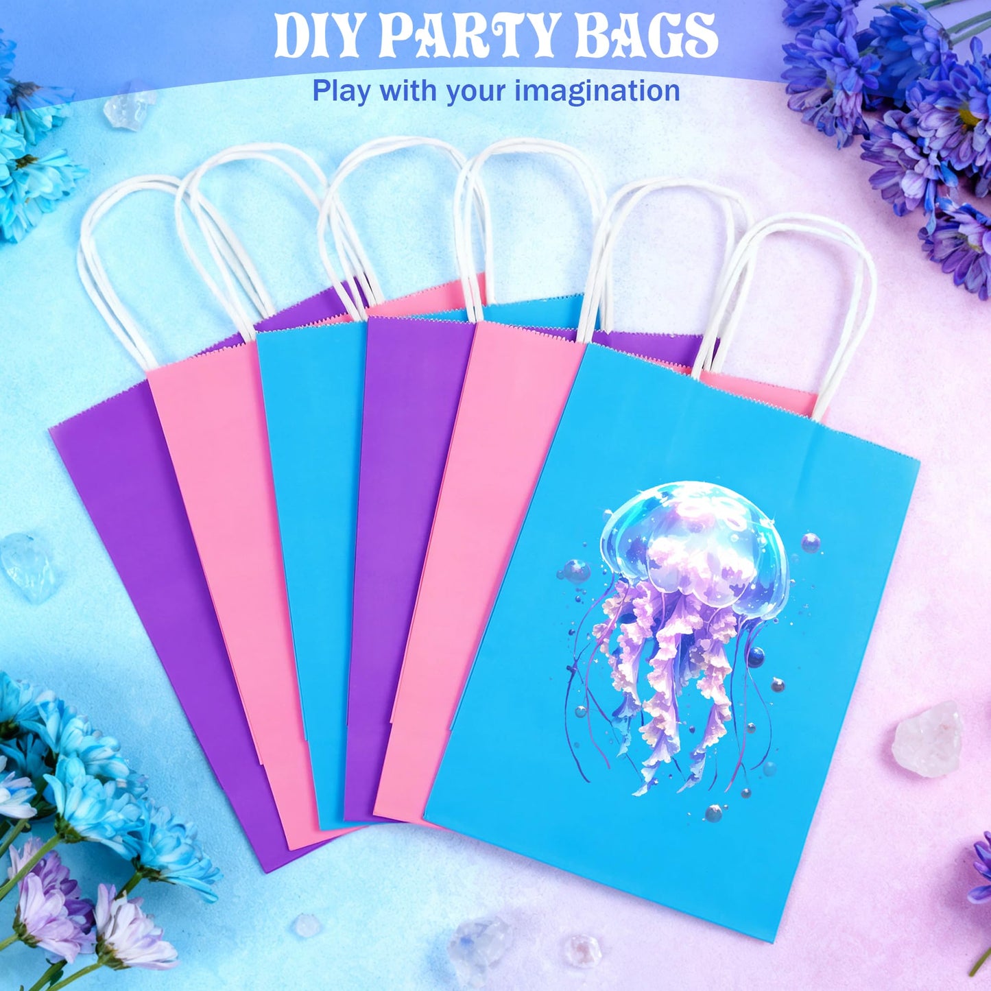 Cooraby 20 Pieces Kraft Paper Bags Party Favor Bags Craft Gift Bag with Handle for Birthday, Baby Shower, Wedding (light blue, light purple, pink)