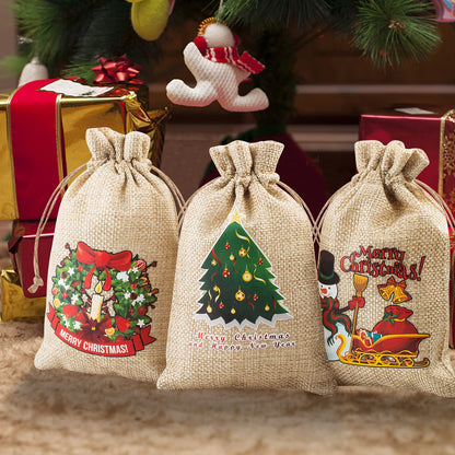 FloraSea 24 Pcs Small Christmas Gift Bags, 4x6 inches Mini Christmas Burlap Gift Bags with Drawstrings(8 Designs Styles)