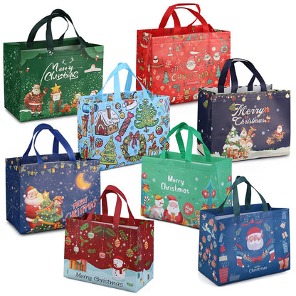 PARSUP 8PCS Christmas Gift Bags, Non-Woven Tote Treat Christmas Bags with Handles for Gifts Wrapping Shopping, Xmas Party Supplies, 12.8"×9.8"×6.7"