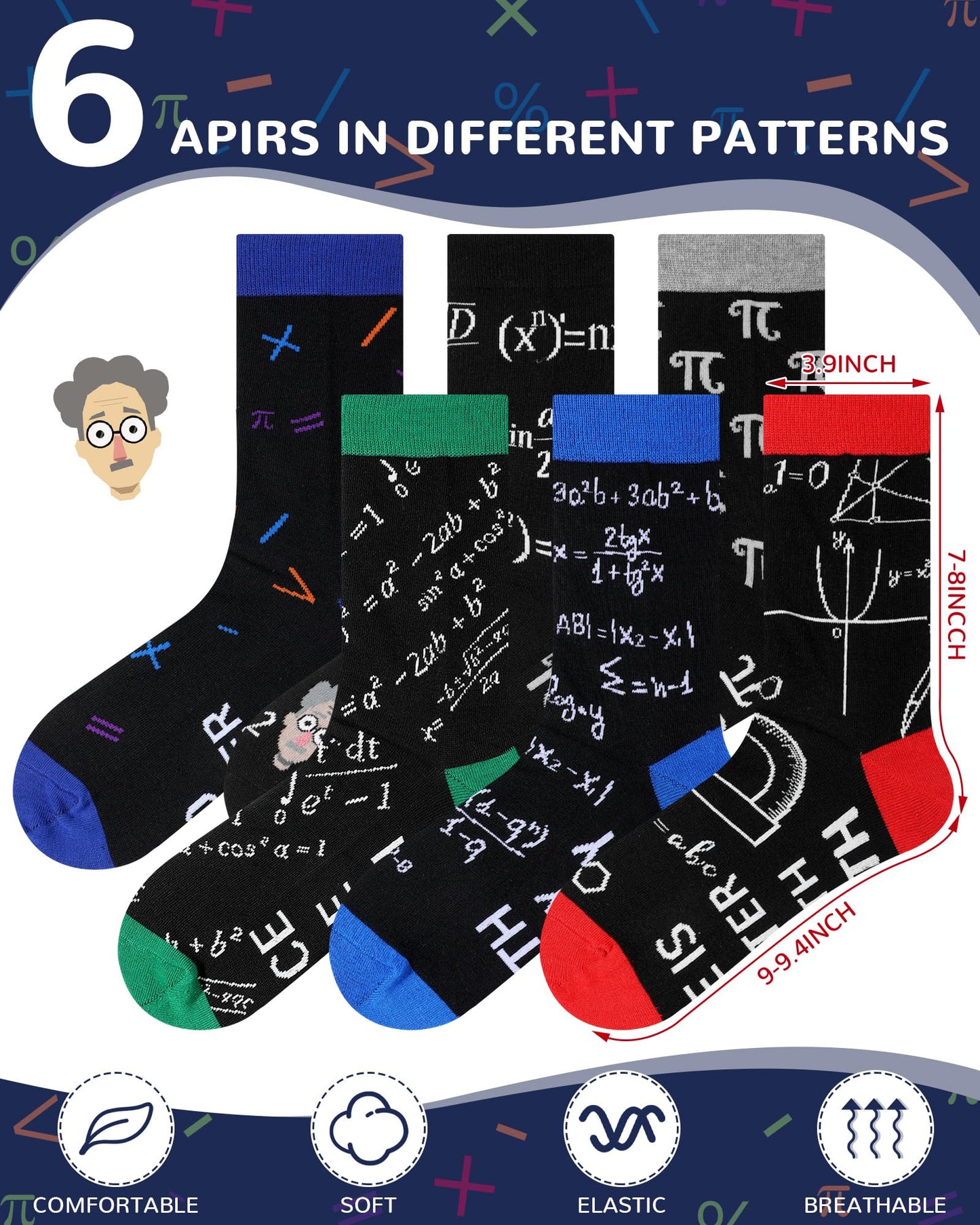 Eurzom 6 Pairs Funny Math Chemistry Pi Socks for Men Math Science Teacher Gift Father Day Mathematicians Chemist Scientists