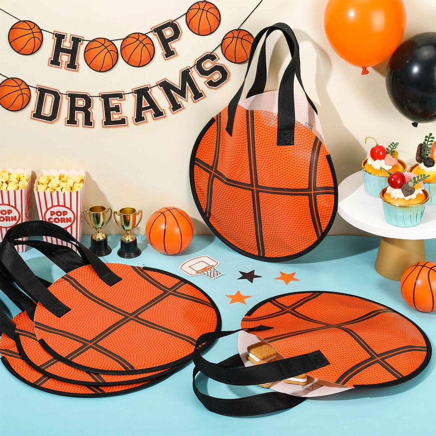 Yeyeplum 12 Pcs Basketball Party Favor Bags 10 × 10 Inch Basketball Gift Bags with Handle Round Non Woven Gift Pouches for Goodie Candy Snacks Sports Themed Birthday Party Supplies