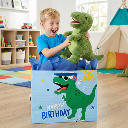 Joliloly 13" Happy Birthday Gift Bag, Dinosaur Print Sturdy Thick Paper Bag for Kids, Reusable Birthday Present Bag with Tissue Paper and Card for Boys Girls, Party Gift Wrapping Supplies