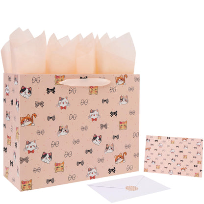wishinside 13'' Large Cat & Bow Gift Bag Set with Handles, Greeting Card, Pink Tissue Papers and Stickers for Women Girls for Birthday, Wedding, Bridal Shower, Baby Shower, Cat Design, 1 Pcs