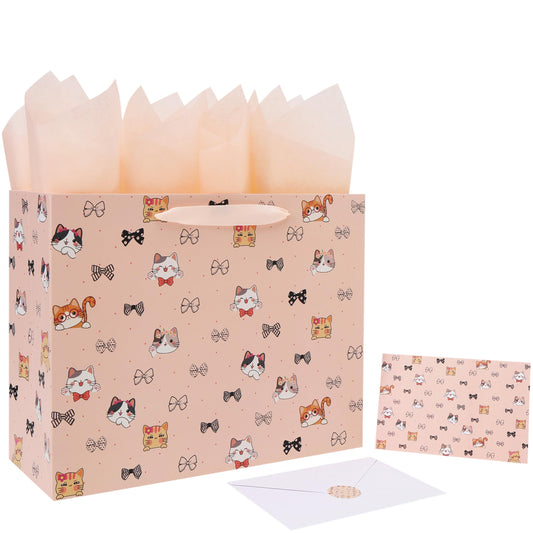 wishinside 13'' Large Cat & Bow Gift Bag Set with Handles, Greeting Card, Pink Tissue Papers and Stickers for Women Girls for Birthday, Wedding, Bridal Shower, Baby Shower, Cat Design, 1 Pcs